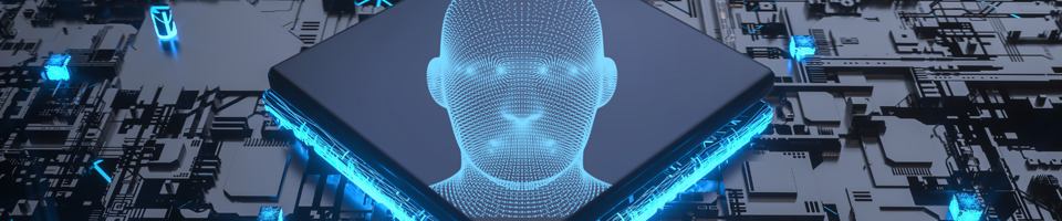 AI looking head on a computer chip on a circuit board with blue lighted LEDs and other components