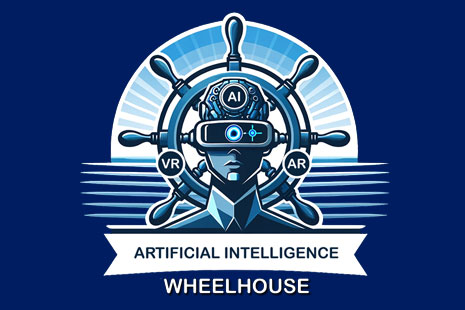 Intelligence Wheelhouse logo containg a ship wheel, and AI robot with a VR, AR headset