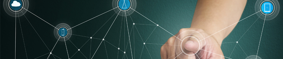 Finger pointing towards you with digital network nodes and lines