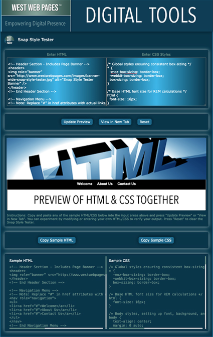 Screenshot of West Web Pages Snap Style Tester tool